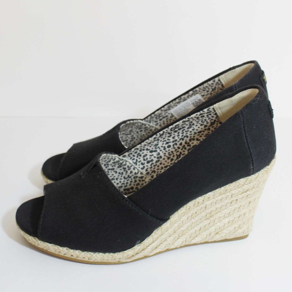 TOMS Michelle Black Canvas Open Toe Wedge Shoes